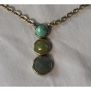 Trifari Crown Logo Gold Tone Necklace Triple Stone Drop Turquoise Green